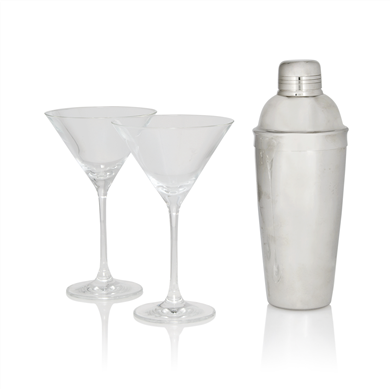 Martini shaker and two glasses